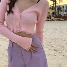 Femmes tricots Kawaii rose pull femmes Streetwear à manches longues haut court printemps été tricots tenue Femme Cardigans G179