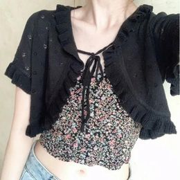 Dames Gebreid Kawaii Kort Lolita Vest Dames Chic Hollow Out Bandage Dunne zonbeschermingsjas Cape Schattig Crop Top Zwart Wit Gebreid