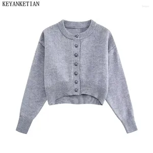 Tricots féminins Keyankettian 2024 Lance Grey Basic Crop Knit Cardigan Spring Simply Owck Single Breasted Loose Short Pull