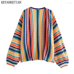 KEYANKETIAN – pull tricoté à la main pour femme, tricot, couleur bonbon, doux, court, rayé, Cardigan, manteau en tricot ample, automne/hiver