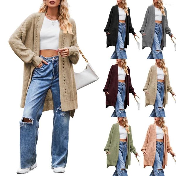 Tricots pour femmes Kaki Cardigan tricoté Femmes 2024 Automne Hiver Gris Printemps Élégant Long Vêtements d'extérieur Maxi Y2k Pull Manteau Veste Douce