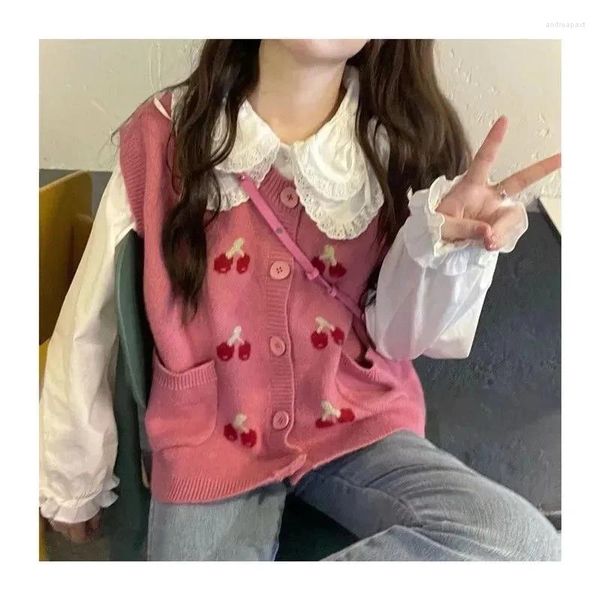 Tricots pour femmes Kimotimo Cherry Kawaii Pull Manteau Femmes Automne Hiver Imprimer Sans Manches Tricoté Cardigan Coréen Poches De Mode Gilet