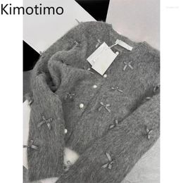 Tricots pour femmes Kimotimo Grey Bow Pull 2024 Automne Hiver Femmes Tempérament Haute Qualité Doux Gluant Mohair Tricoté Cardigan Manteau Parfumé