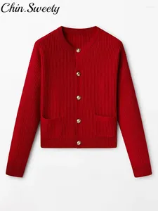 Damesbreien Kint Single Breasted Women Sweater Herfst lange mouw o-neck pocket slanke vrouwelijke truien 2023 Casual mode dame uit het dame