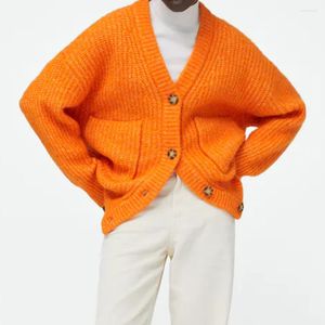 Femmes tricots Klacwaya femmes pull Cardigan pour 2023 Vintage col en v à manches longues haut surdimensionné Orange chaud boutonné