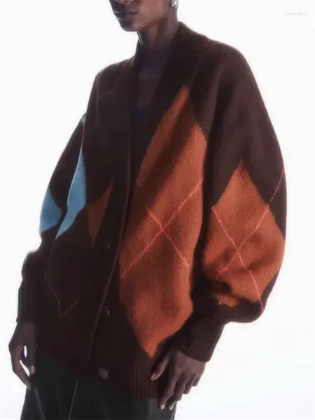 Cardigan en tricot pour femme, couleur contrastée, motif diamant, col en v, simple boutonnage, coupe ample, pull Vintage, automne 2024
