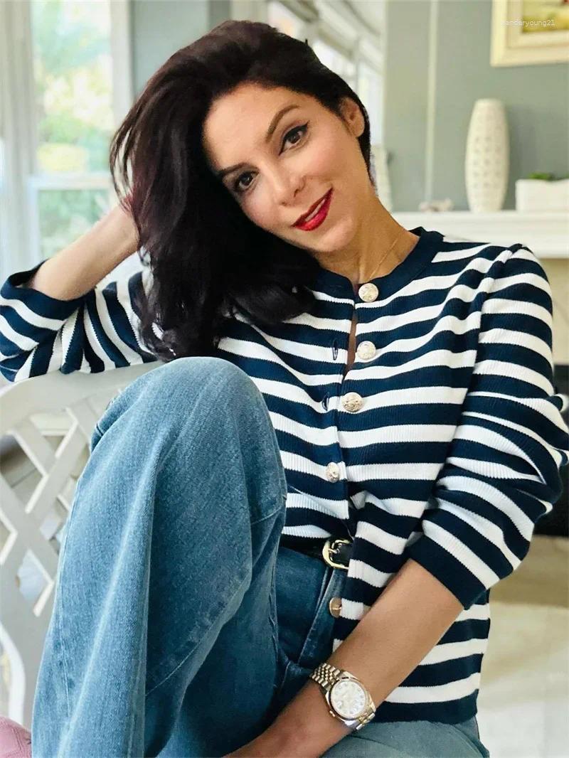 Women's Knits Knit Cardigan 2024 Fall Contrast Striped Single Breasted O-Neck Slim Casual Elegant Long Sleeve Sweater