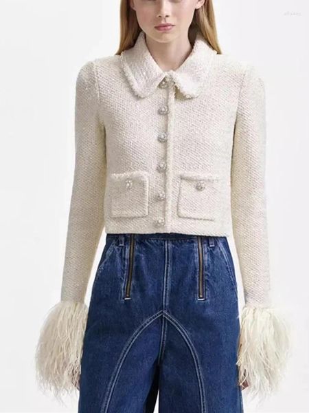 Knits de mujer Knits Cardigan 2023 Split Splie Splice Diseño de perlas brillantes Tasel Color sólido Sweater Short