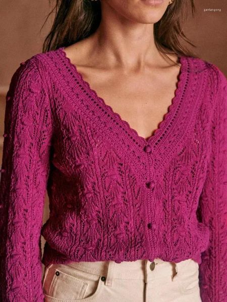 Cardigan tricoté en laine 2024 pour femmes, ajouré, simple boutonnage, ample, Vintage, pull à manches longues