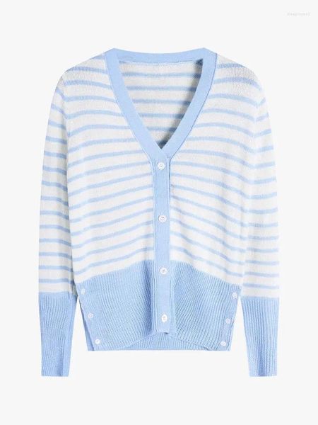 Cardigan tricoté à rayures bleues et blanches pour femmes, col en v, doux, confortable, à la mode, veste pull décontractée