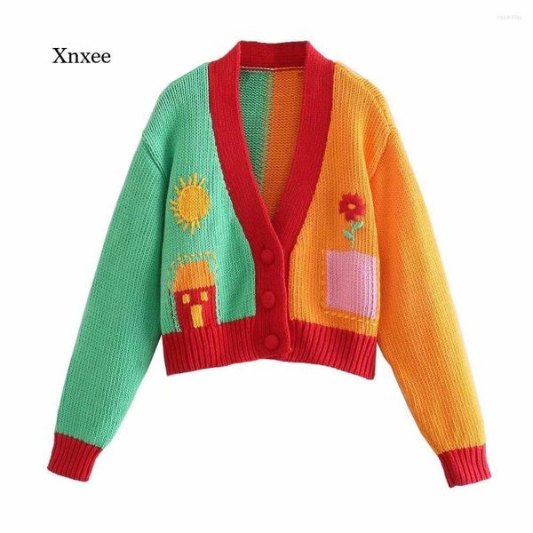 Femmes Tricots Tricoté Cardigan Femmes Mode Dessin Animé À Manches Longues Col En V Vintage Couleur Contraste Doux Kawaii Femme Tricot Pull Chic Hauts