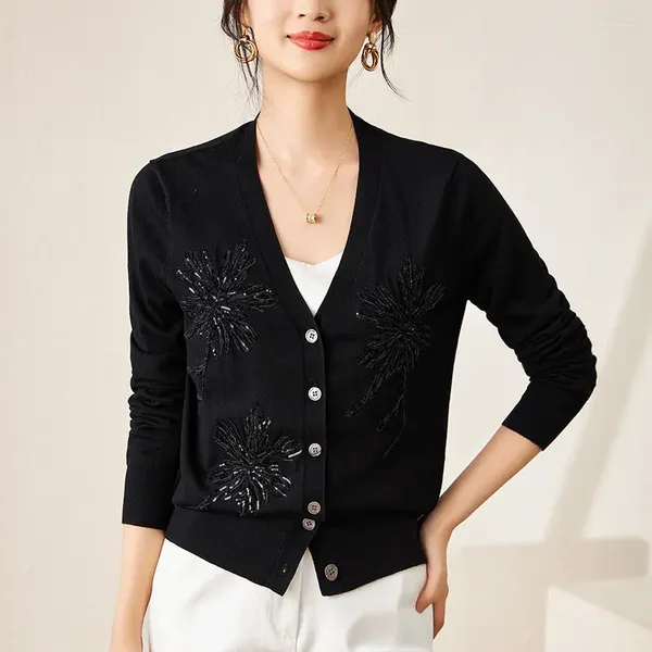 Cardigans tricotés pour femmes printemps automne élégant col en v à manches longues flocage Cardigan 85% laine 15% soie pulls hauts