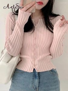 Tricots pour femmes tricots haut court solide Cardigan Kawaii rose à manches longues t-shirt maigre mode coréenne décontracté boutonné hauts ASTS86358