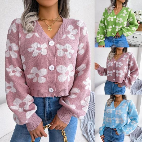 Tejidos de punto para mujer Suéter de mujer Web Celebrity Wind Make Winter Fashion Colors Flower Lantern Sleeve Cardigan