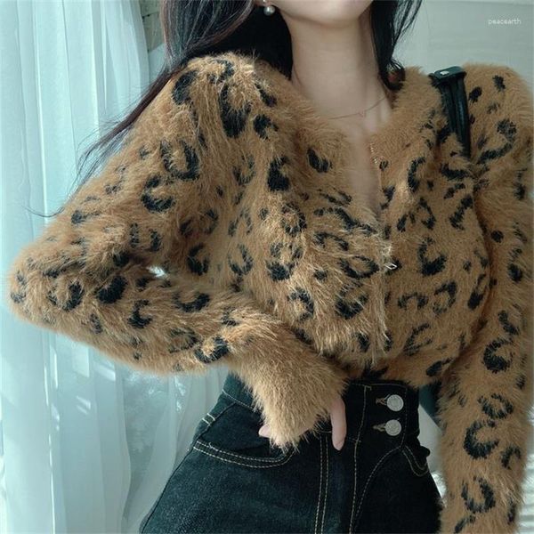 Femmes tricots coréen Chic automne hiver Cardigan pull mode fermeture éclair léopard Jacquard tricots mince à manches longues femmes haut court