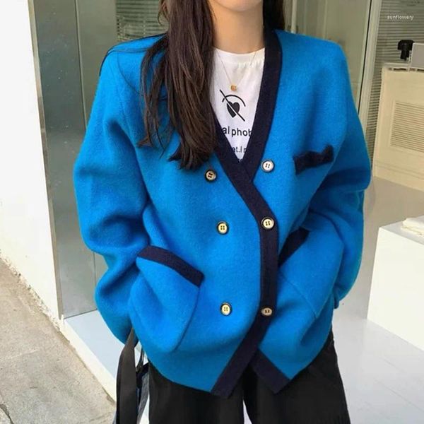 Abrigo coreano de punto para mujer, cárdigans de invierno para mujer, suéteres tejidos de manga larga, prendas de punto con cuello en V, chaqueta verde de gran tamaño, Tops sueltos