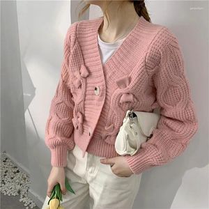 Cárdigan corto de punto rosa coreano para mujer, moda Otoño Invierno 2023, suéter con botones y cuello en V liso, abrigo para mujer, Tops