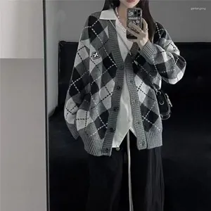 Tricots de tricots coréens Fashion Argyle Sweater Cardigan Femmes Harajuku Vintage Oversize Button Up Tricoted Jumper Female Preppy Vestes Tops