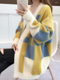 Women's Knits Korean Fashion Cardigan Women Plaid Sweater Color Match Knitted Office Ladies Fall Oversized Coat