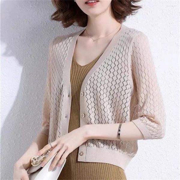 Knits de mujer Coraja de la moda coreana Summer Spring Spring Autumn Cardigans for Women Media manga Knitwears Tops Cardigan Cardigan Chaqueta