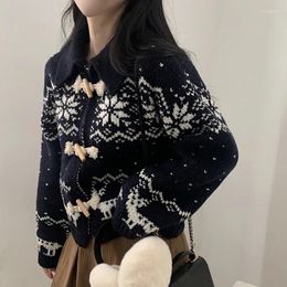 Tricots pour femmes coréen Jacquard corne bouton Cardigan femmes Chic Vintage pull tricoté en vrac automne hiver à manches longues revers dame épaissir