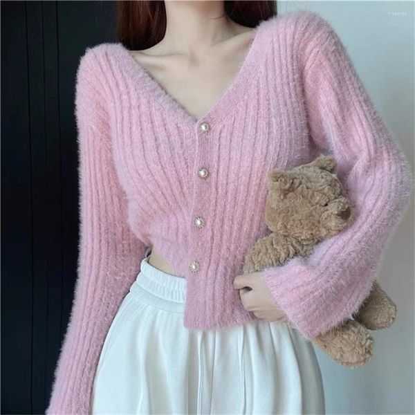 Tricots pour femmes coréen tir Femme V-Neck Button sucré Sweater Cropped Tops Basic Tops 2024 Spring automne