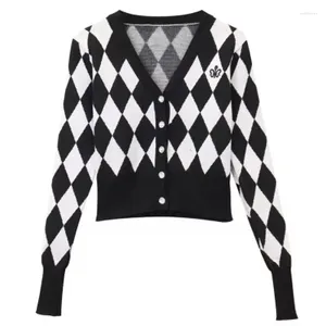 Tricots pour femmes Style coréen printemps automne noir blanc damier modèles tricot Cardigans vêtements d'extérieur pull Preppy étudiants manteau