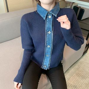Femmes tricots coréen pull veste Denim Patchwork tricoté Cardigan col rabattu simple boutonnage Vintage tricot manteau vêtements d'extérieur Jumper I703