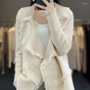 Tricots pour femmes coréens col sur mesure pulls vêtements décontracté Chic gland épissé automne hiver Vintage couleur unie tricoté Cardigan