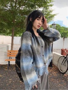 Tricots pour femmes coréen gland pull Cardigan femmes Harajuku col rond manteau court ample 2024 automne cravate teinture femme douce veste tricotée