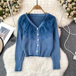 Les tricots de tricots coréens épissent des ébourignants manteaux de cardigans pour les femmes mode V cou simple pignon sweater décontracté femelles tricots