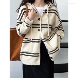 Malhas femininas versão coreana listrado com capuz melard cor de malha cardigan moda temperamento estilo simples camisola textura feminino casaco superior