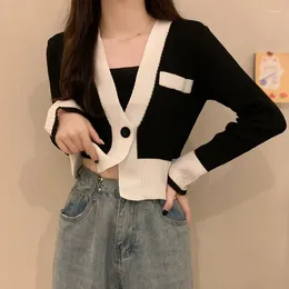 Tricots pour femmes Version coréenne pull un bouton rétro Cardigan couleur contrastée femme à manches longues col en V hauts tricotés