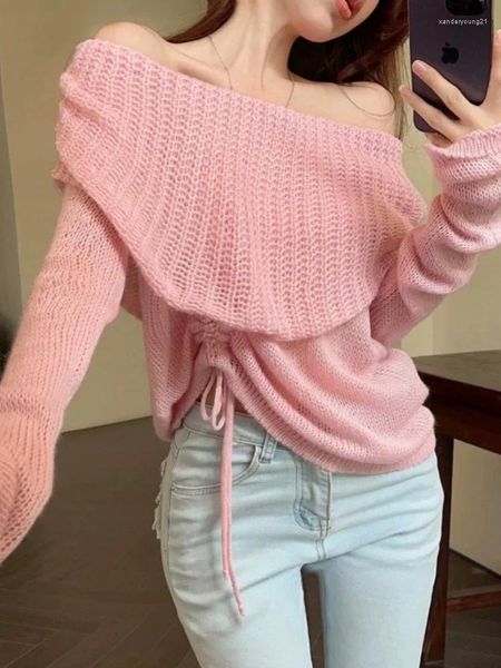 Puntos para mujer Korejepo Cool Cute Pink Knit Shirt Irregular Slim Cordón Versátil Manga larga Top Temperamento elegante Simplicidad Jersey