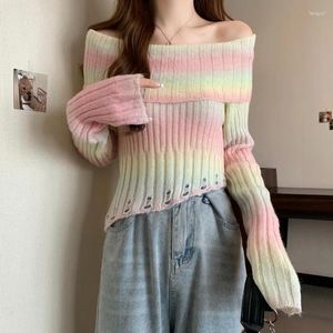 Tricots pour femmes Korejepo fille hors épaule pull irrégulier dégradé couleur tricots femmes automne hiver sous-couche à manches longues décontracté haut court