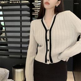 Damesbreien Korejpaa Koreaanse mode Vrouwenkleding 2023 Autumn V-Neck Cardigan Coat vrouwelijke kleur bijpassende slanke gebreide trui topbrei