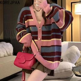 Damesbreien korejpaa v-neck gestreepte gebreide vest kant causale mode dames trui top 2023 herfst Koreaanse stijl gebreide kleding kleding
