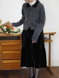 Женский вязаный свитер Коробов, французский винтажный свитер с лацканами, осень-зима, мягкий кардиган, черный, серый, лоскутный, свободный трикотаж, пальто Y2k, женская одежда