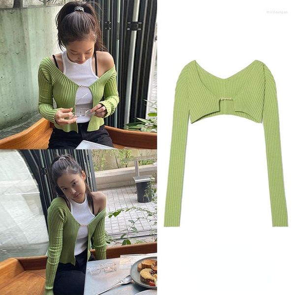 Femmes tricots Kpop corée célébrité été Slim recadrée Cardigan chandails femme court pull col en V femmes Sexy hauts tricotés