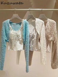 Tricots pour femmes Kuzuwata Sweet Floral Print Lace Up sets Sling Velvet Elegant Fashion Fashion Cardigan Japon Japon Spring beaux costumes