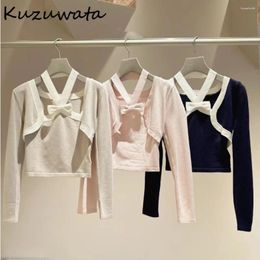 Tricots pour femmes Kuzuwata Sweet Bailled Bow Halter Ensembles Sling Casual V Neck Long Sleeve Patchwork Cardigan Japan Knit All-Match Suits Jumper