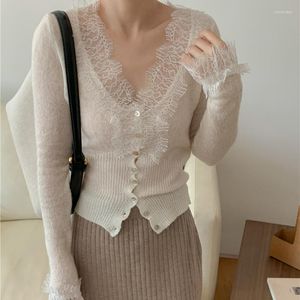 Femmes Tricots Dentelle Épissage De Cils Tricoté Cardigan Femmes À Manches Longues Casual Y2K Mode Mince Pull Court Col En V Sexy Mince Tops Feminino