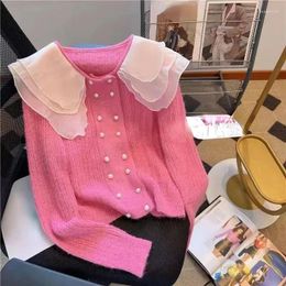 Cárdigan de punto con cuello de muñeca empalmado de encaje para mujer, suéter con botones de perlas para otoño 2024, jerséis adorables largo de manga