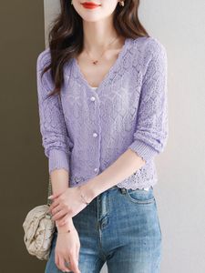 Femmes tricots dentelle pull femmes printemps automne à manches longues chandails Cardigan solide creux tricots Cardigans décontractés