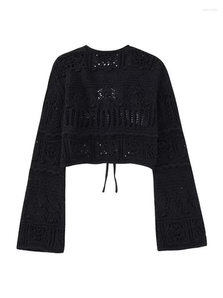 Femmes tricots dames 2023 Sumemr mode évider tricoté noir chandails courts femmes décontracté taille haute à lacets col en v élastique hauts