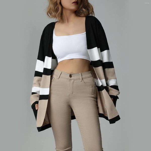 Suéter de punto para mujer, cárdigan informal a rayas de color caqui claro, chaqueta de manga larga a rayas, color blanco y negro, informal, tejido de otoño para mujer