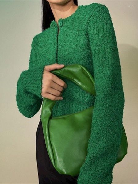 Tricots pour femmes dames vert polaire Texture Cardigan Style français accrocheur mode couleur Chic pull à manches longues femme hauts courts