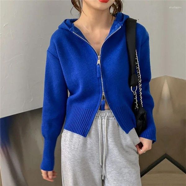 Femmes Tricots Dames À Manches Longues Bleu Pull Tricoté Femmes Court Petit Zip Up Manteau À Capuche Rose Streetwear Cardigan Top En Tricot Tricots