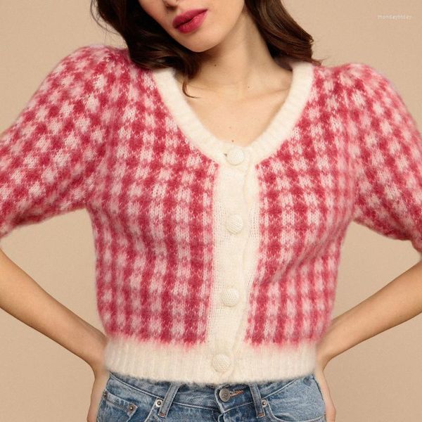 Cardigan tricoté à carreaux pour femmes, imprimé à carreaux, col rond, manches courtes, doux, ample, simple boutonnage, haut court en tricot, 2023