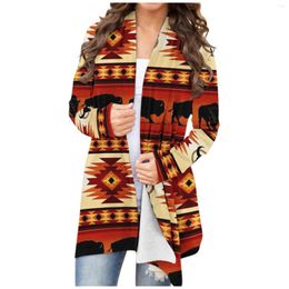 Cárdigan de punto con estampado étnico occidental Vintage para mujer, camisa de manga larga azteca geométrica informal para mujer, chaqueta superior, abrigo